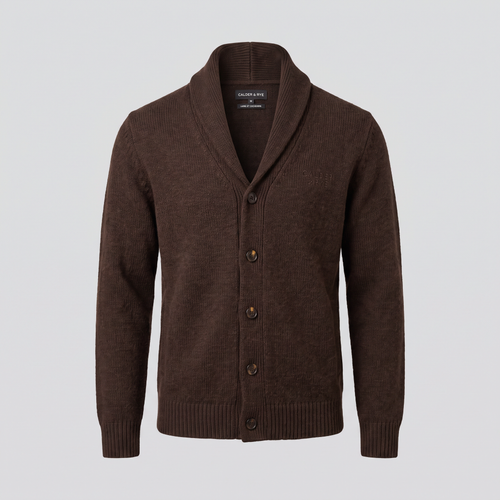 Cardigan col châle en laine et cachemire, chocolat, vue de face — CALDER & RYE