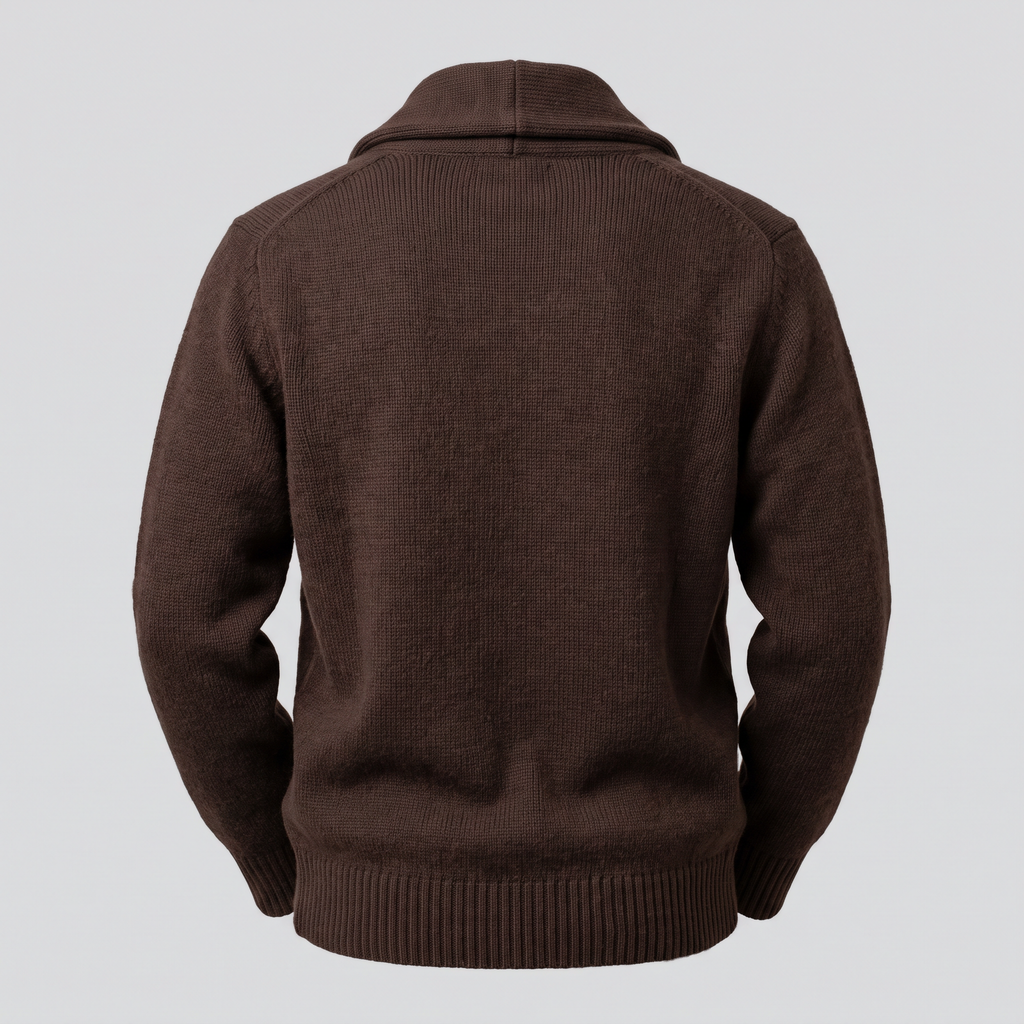 Cardigan col châle en laine et cachemire, chocolat, vue de dos — CALDER & RYE