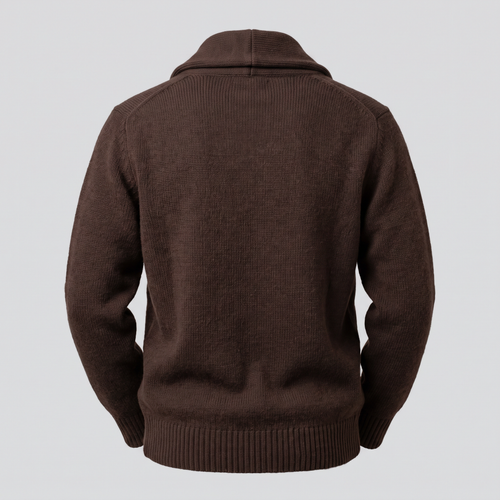 Cardigan col châle en laine et cachemire, chocolat, vue de dos — CALDER & RYE
