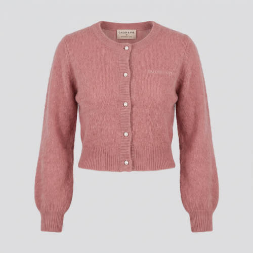 Cardigan court en mohair, vieux rose, vue de face — CALDER & RYE