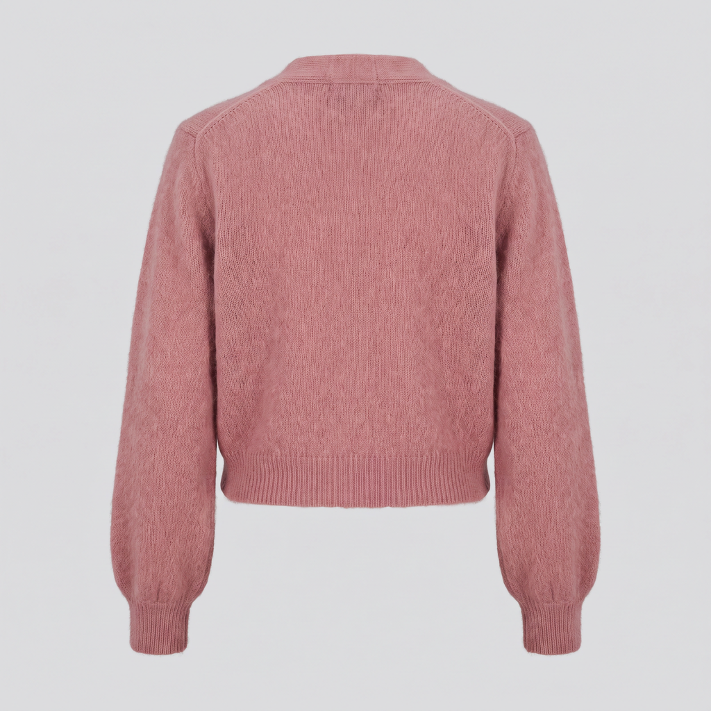 Cardigan court en mohair, vieux rose, vue de dos — CALDER & RYE