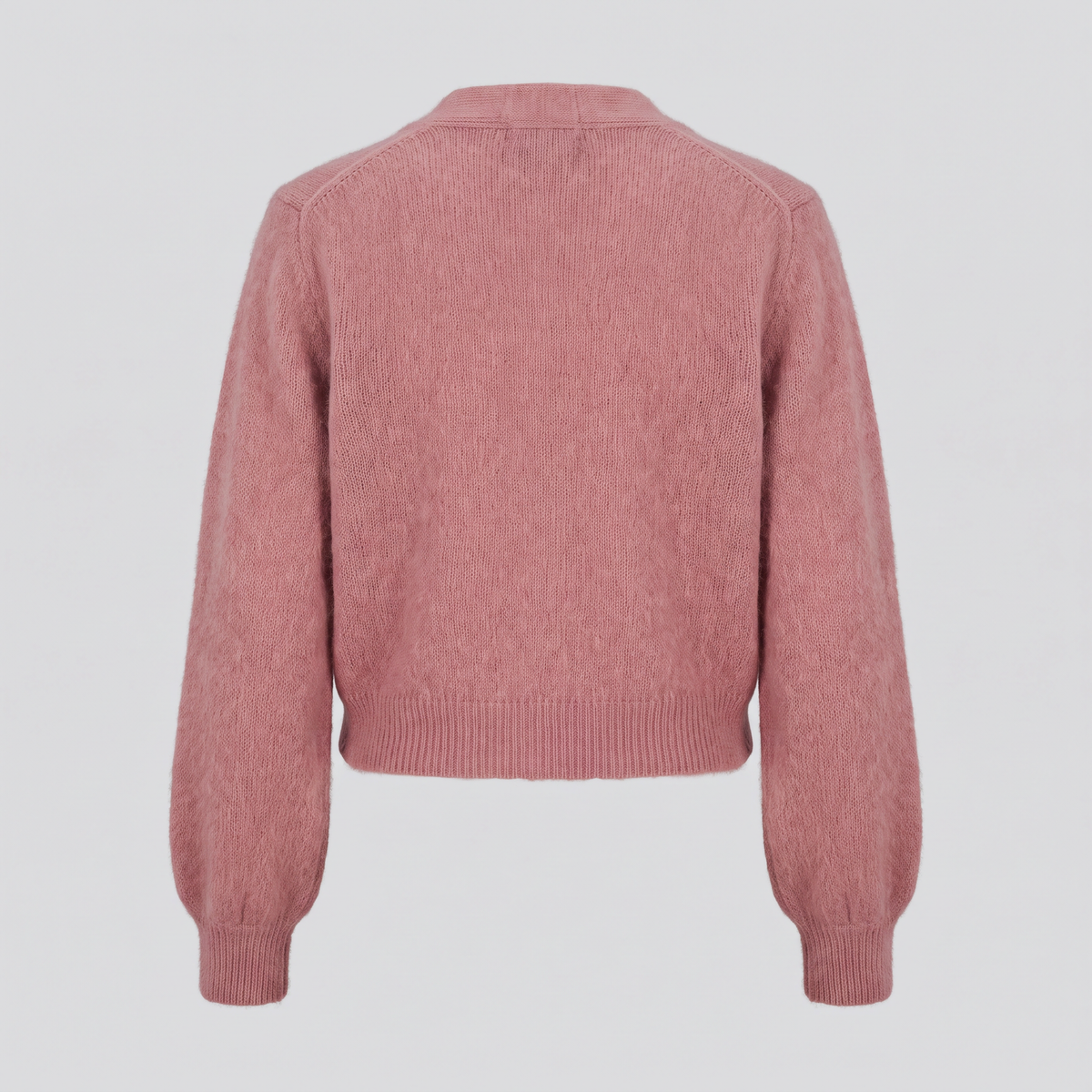 Cardigan court en mohair, vieux rose, vue de dos — CALDER & RYE
