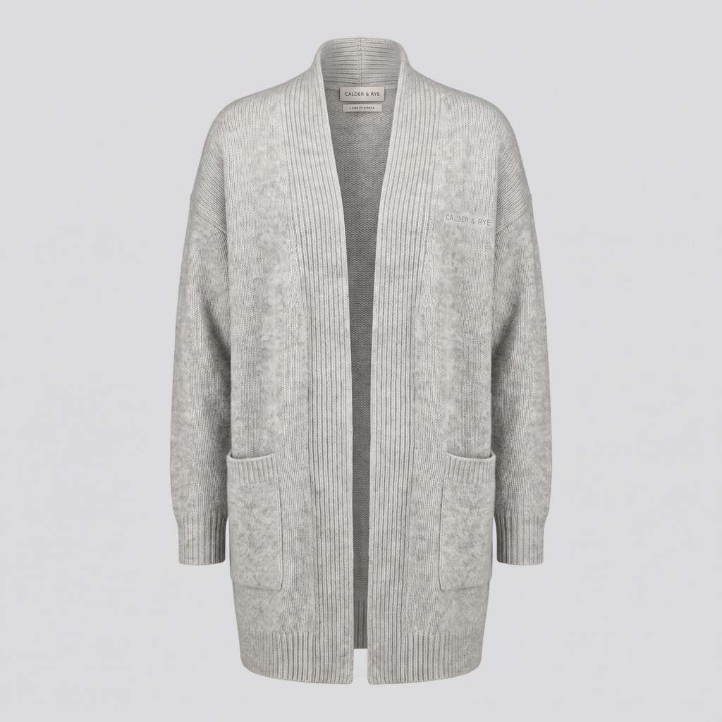 Gilet long en maille côtelée, gris chiné, vue de face — CALDER & RYE