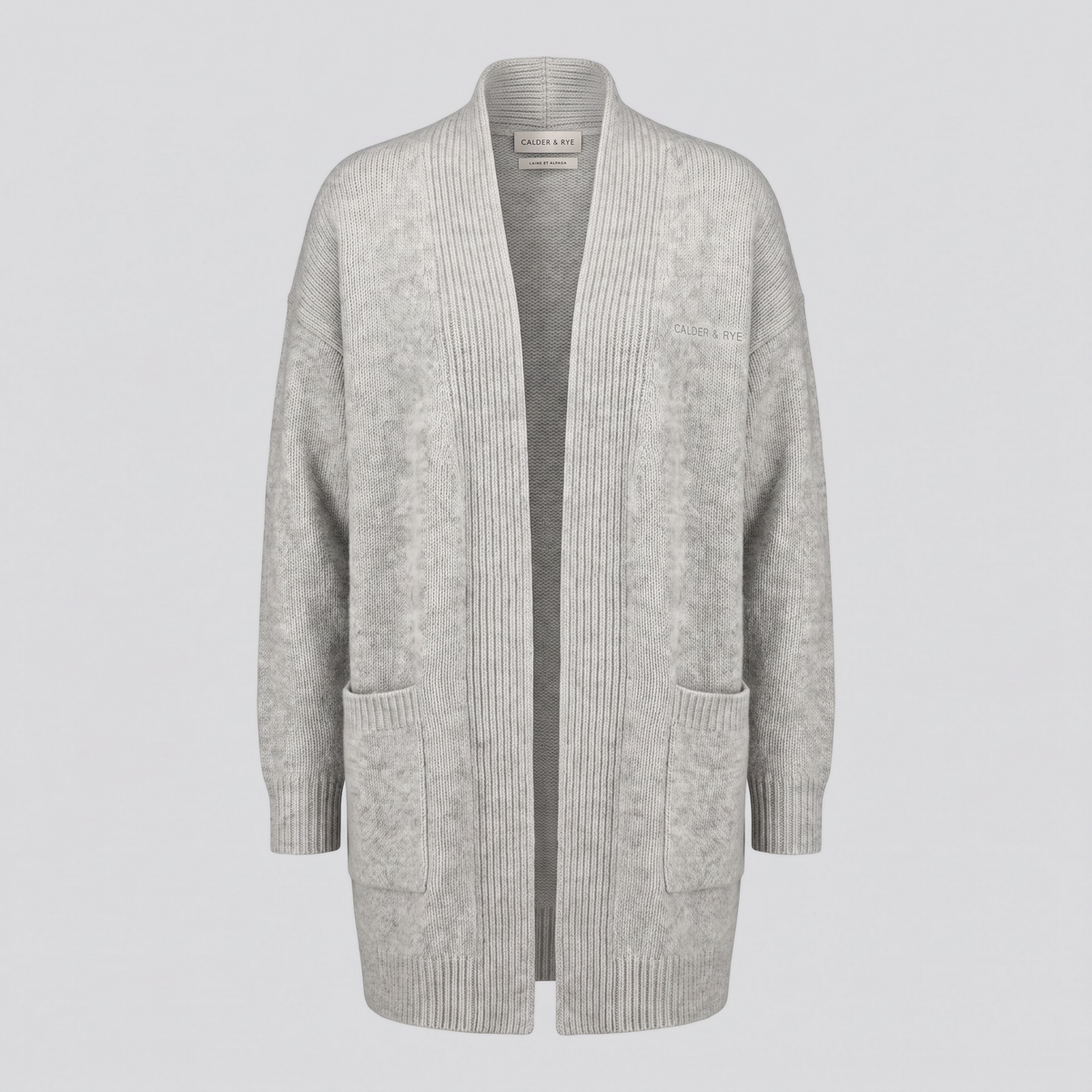 Gilet long en maille côtelée, gris chiné, vue de face — CALDER & RYE