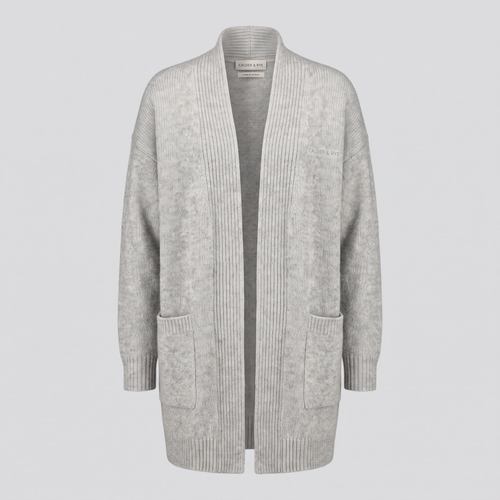 Gilet long en maille côtelée, gris chiné, vue de face — CALDER & RYE