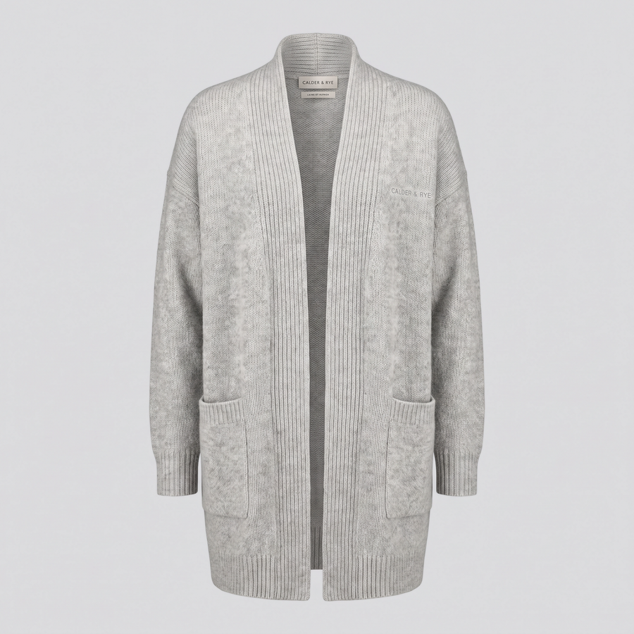 Gilet long en maille côtelée, gris chiné, vue de face — CALDER & RYE