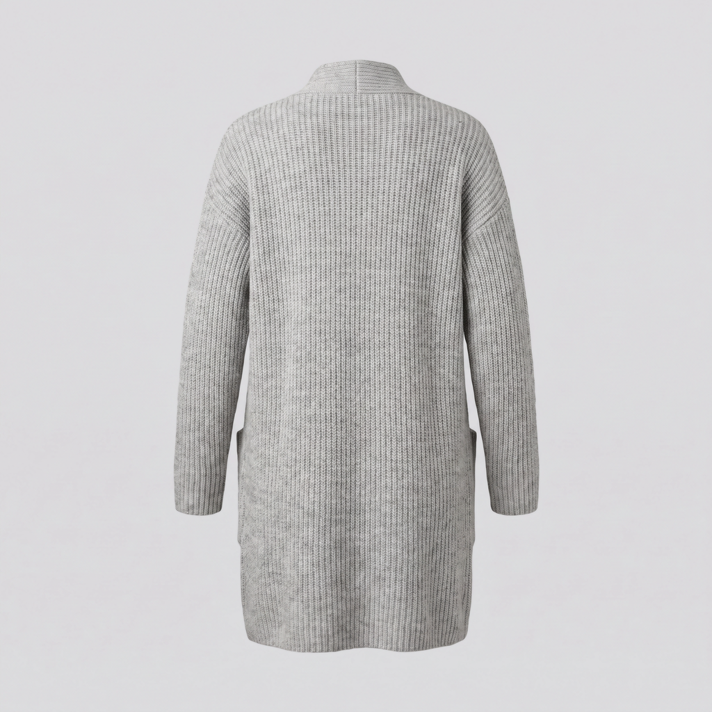 Gilet long en maille côtelée, gris chiné, vue de dos — CALDER & RYE