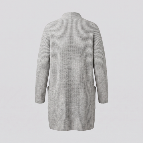 Gilet long en maille côtelée, gris chiné, vue de dos — CALDER & RYE