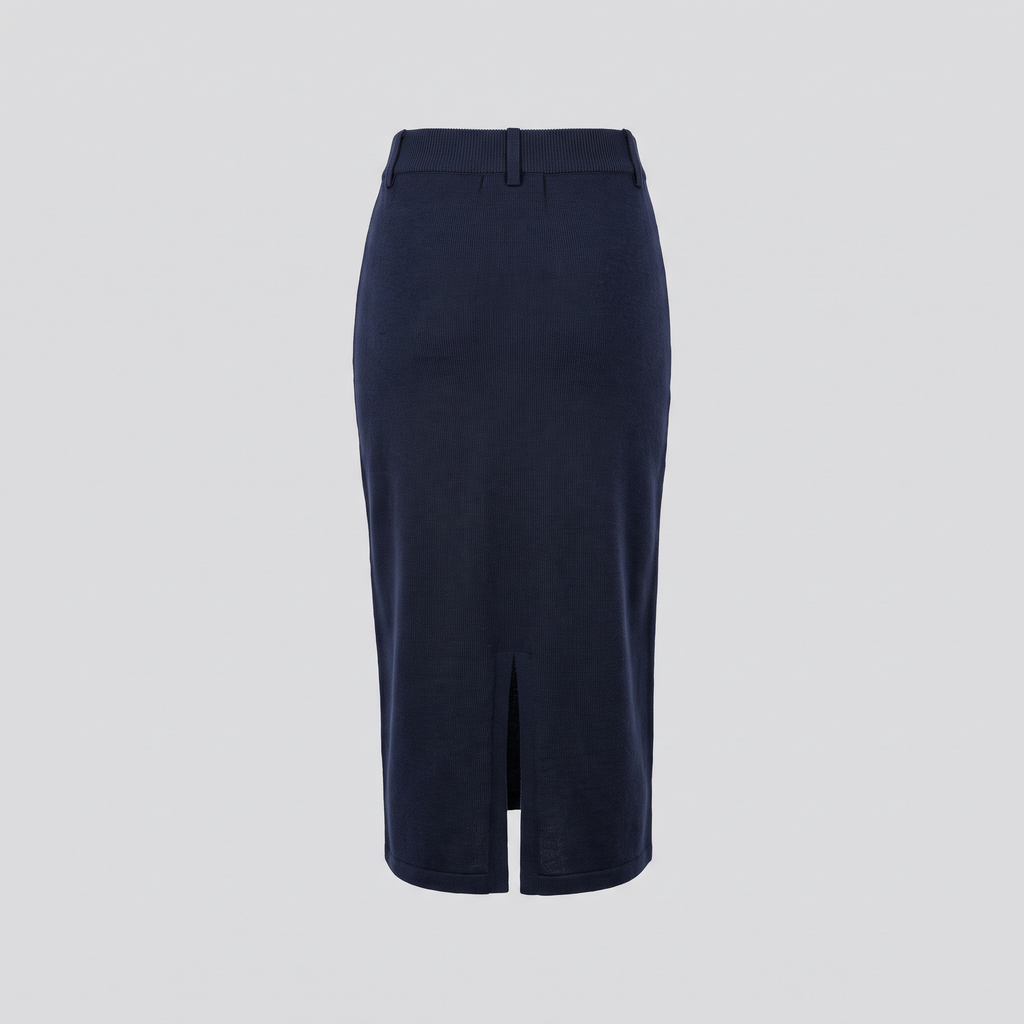 Jupe midi en maille côtelée, bleu nuit, vue de dos — CALDER & RYE