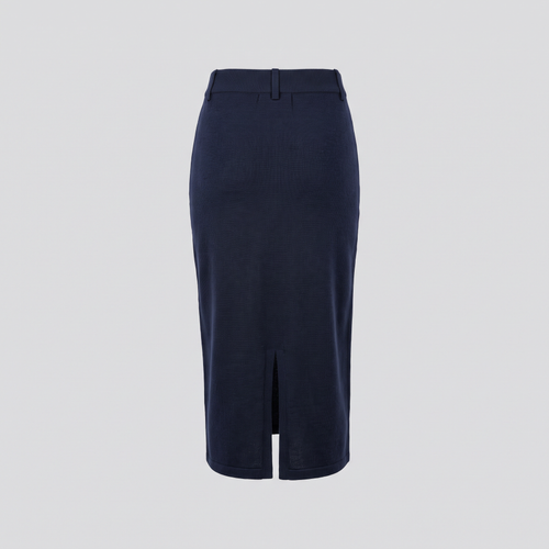 Jupe midi en maille côtelée, bleu nuit, vue de dos — CALDER & RYE