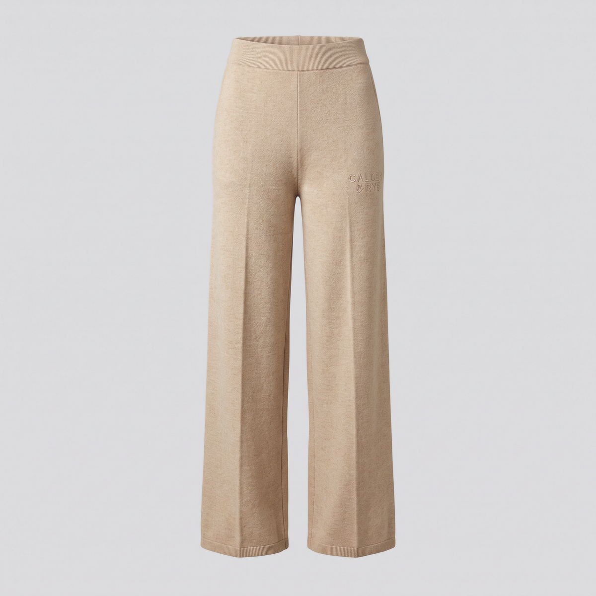 Pantalon large en maille, avoine, vue de face — CALDER & RYE