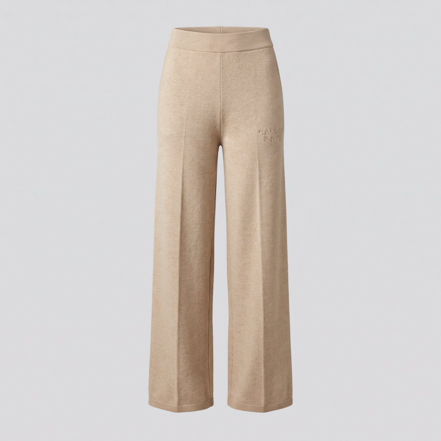Pantalon large en maille, avoine, vue de face — CALDER & RYE