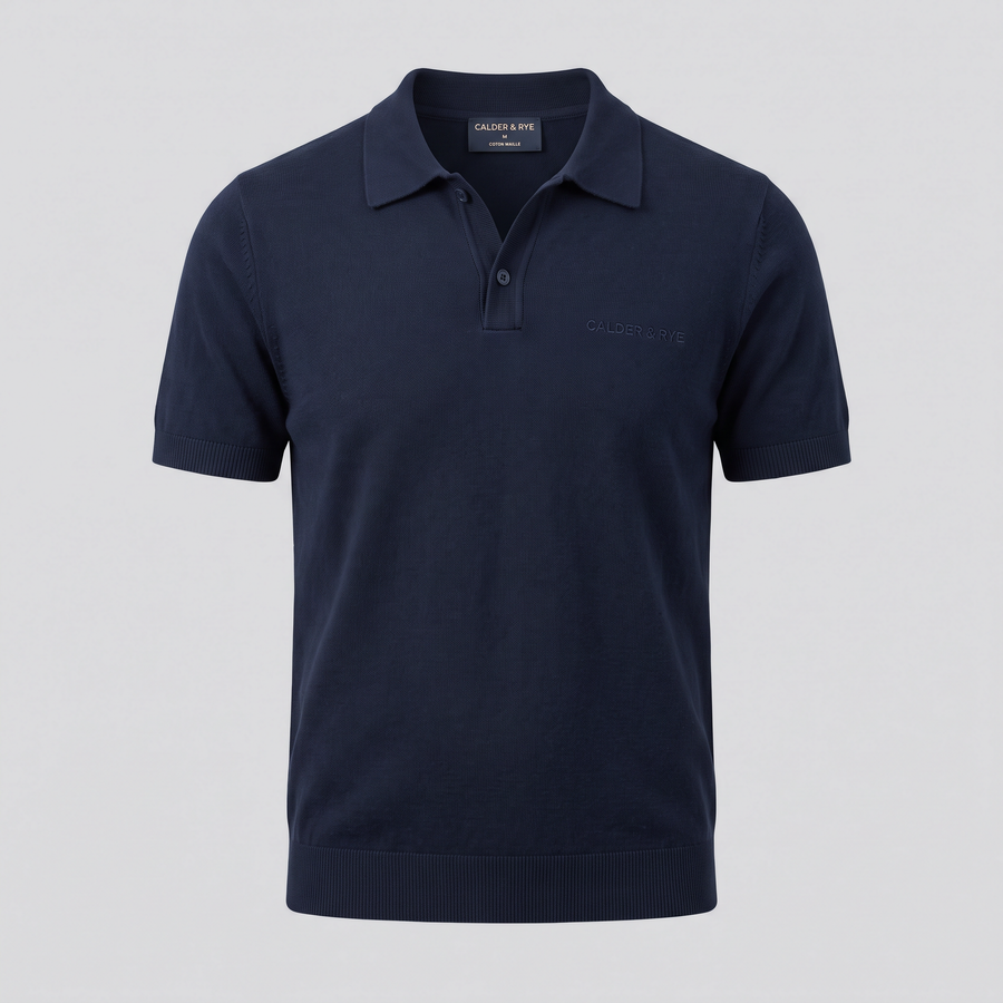 Polo en maille de coton, bleu nuit, vue de face — CALDER & RYE