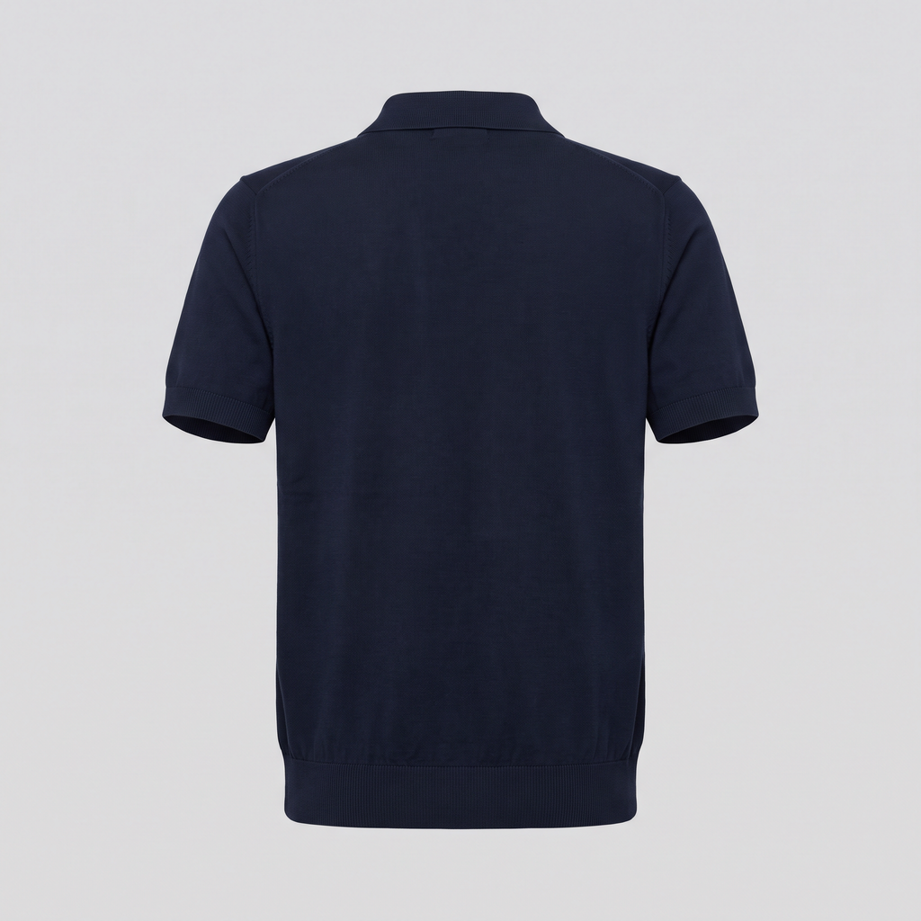 Polo en maille de coton, bleu nuit, vue de dos — CALDER & RYE