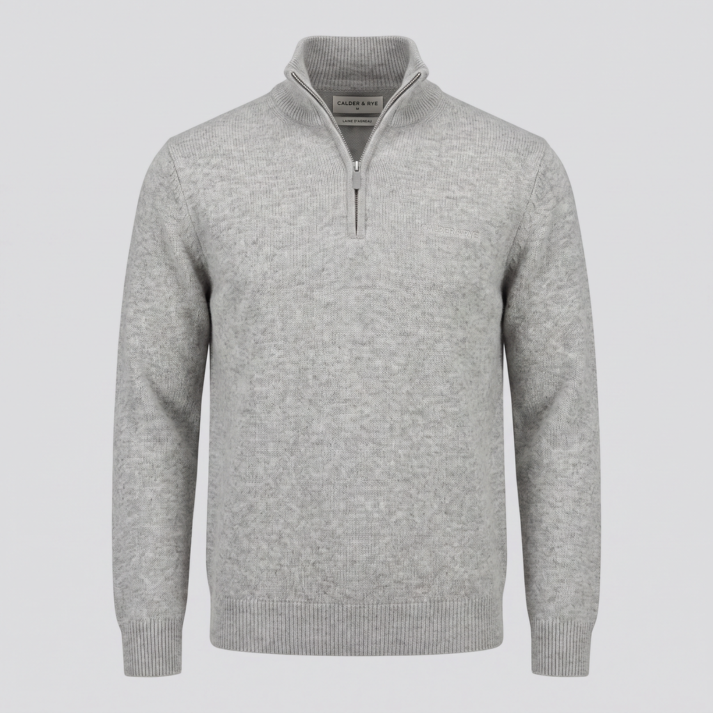 Pull camionneur zippé en laine d'agneau, gris chiné, vue de face — CALDER & RYE