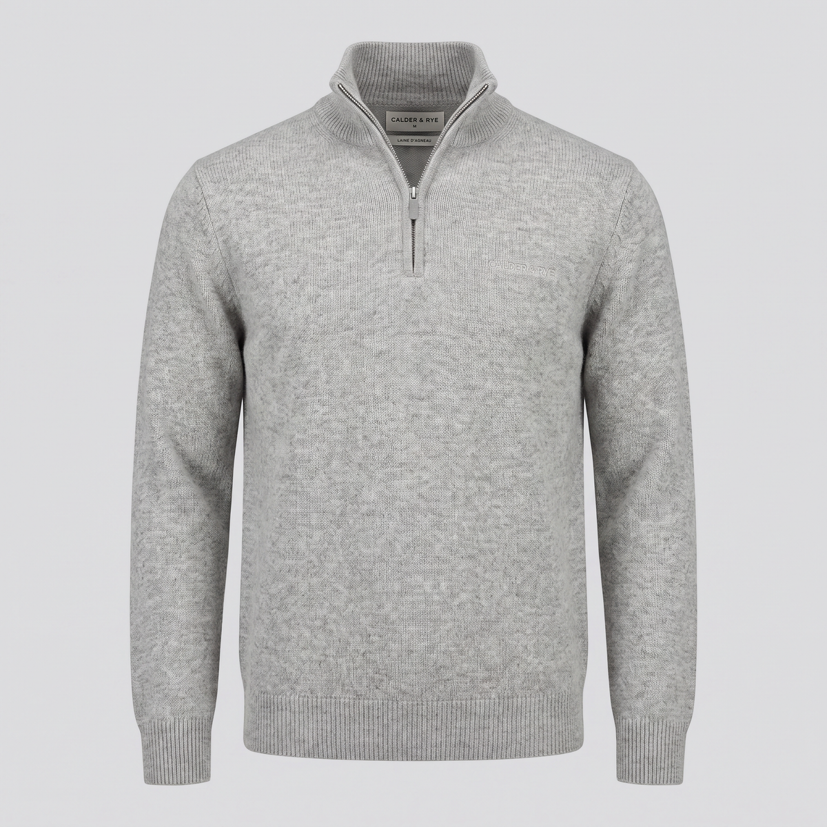 Pull camionneur zippé en laine d'agneau, gris chiné, vue de face — CALDER & RYE