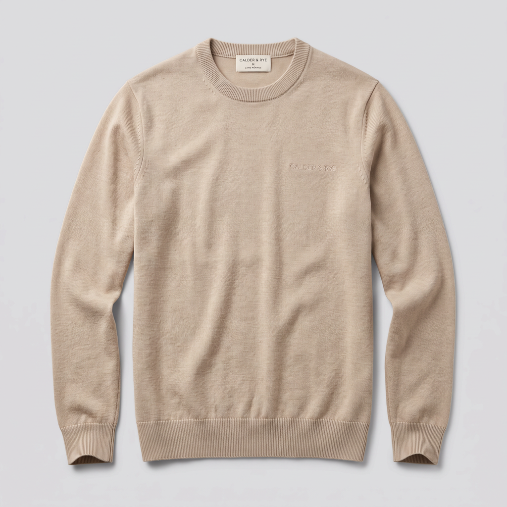 Pull col rond en mérinos, avoine, vue de face — CALDER & RYE