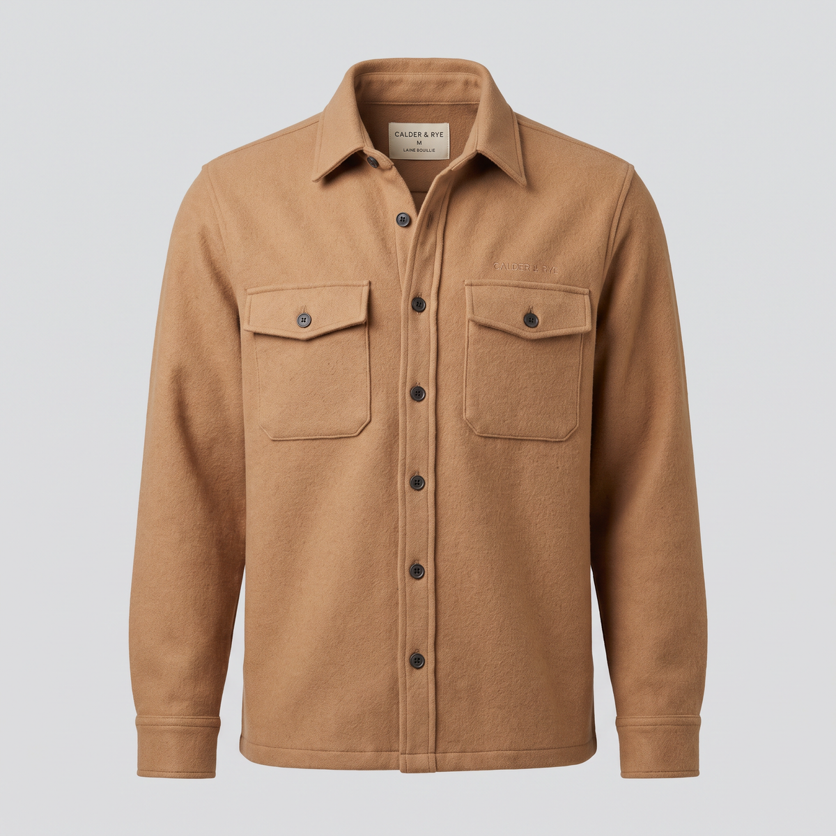 Surchemise en laine bouillie, camel, vue de face — CALDER & RYE