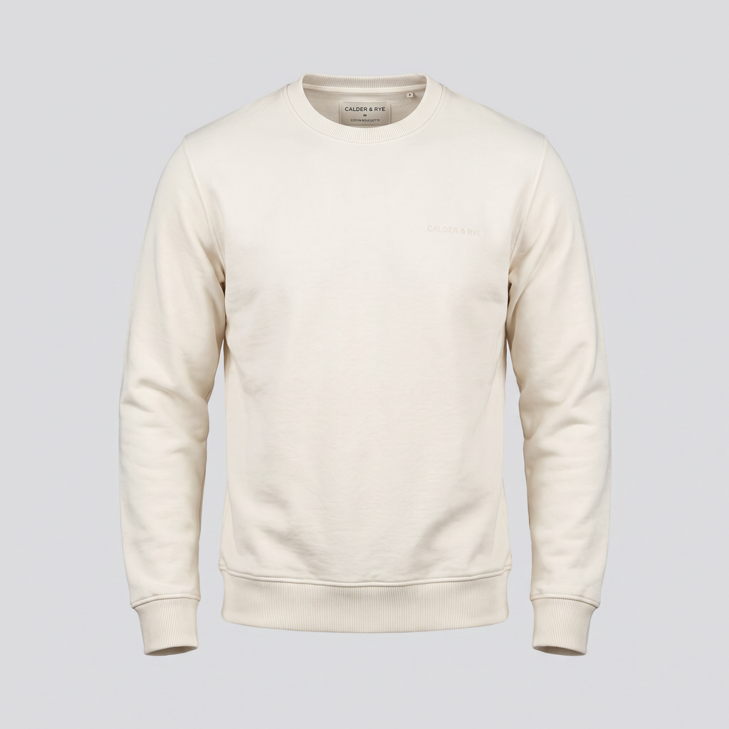 Sweat col rond en coton bouclette, écru, vue de face — CALDER & RYE