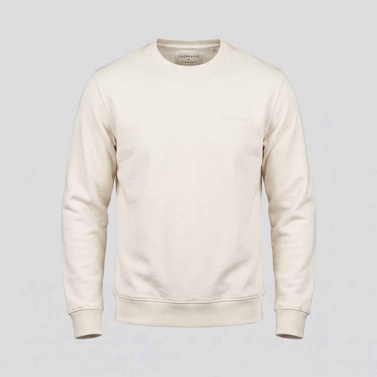 Sweat col rond en coton bouclette, écru, vue de face — CALDER & RYE