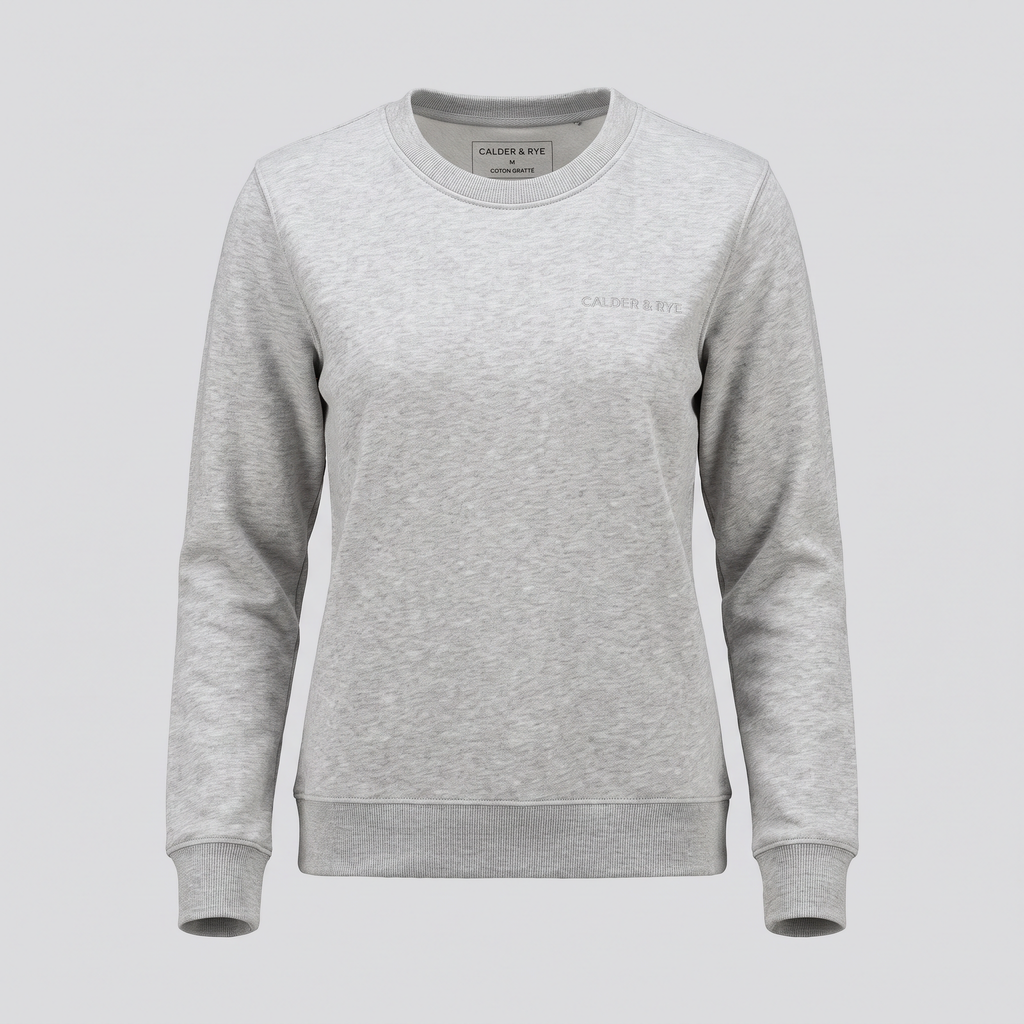 Sweat col rond en molleton gratté, gris chiné, vue de face — CALDER & RYE