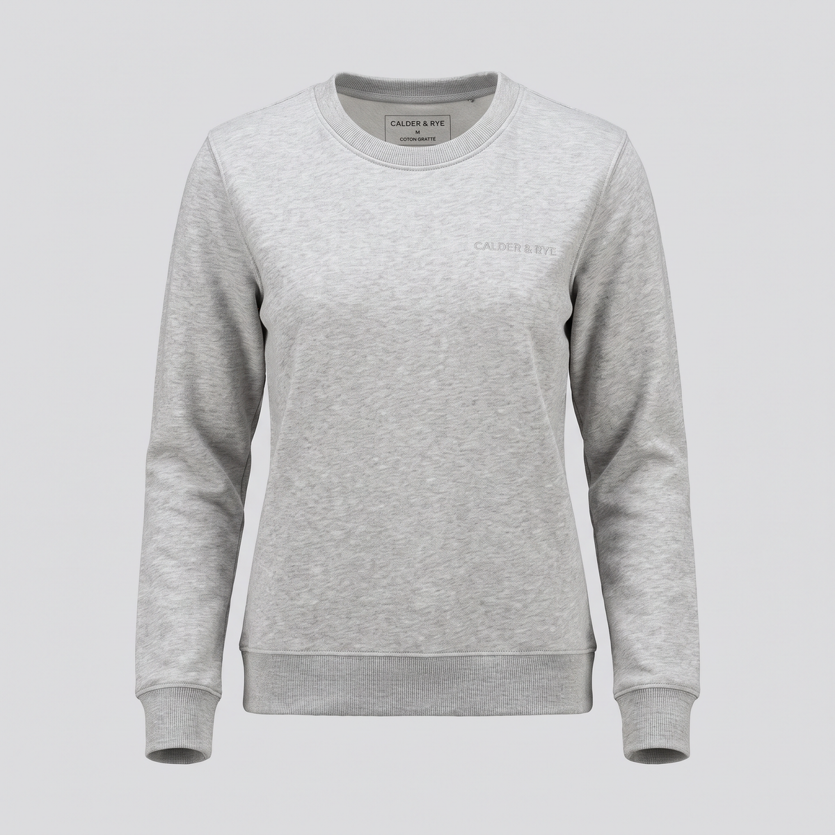 Sweat col rond en molleton gratté, gris chiné, vue de face — CALDER & RYE