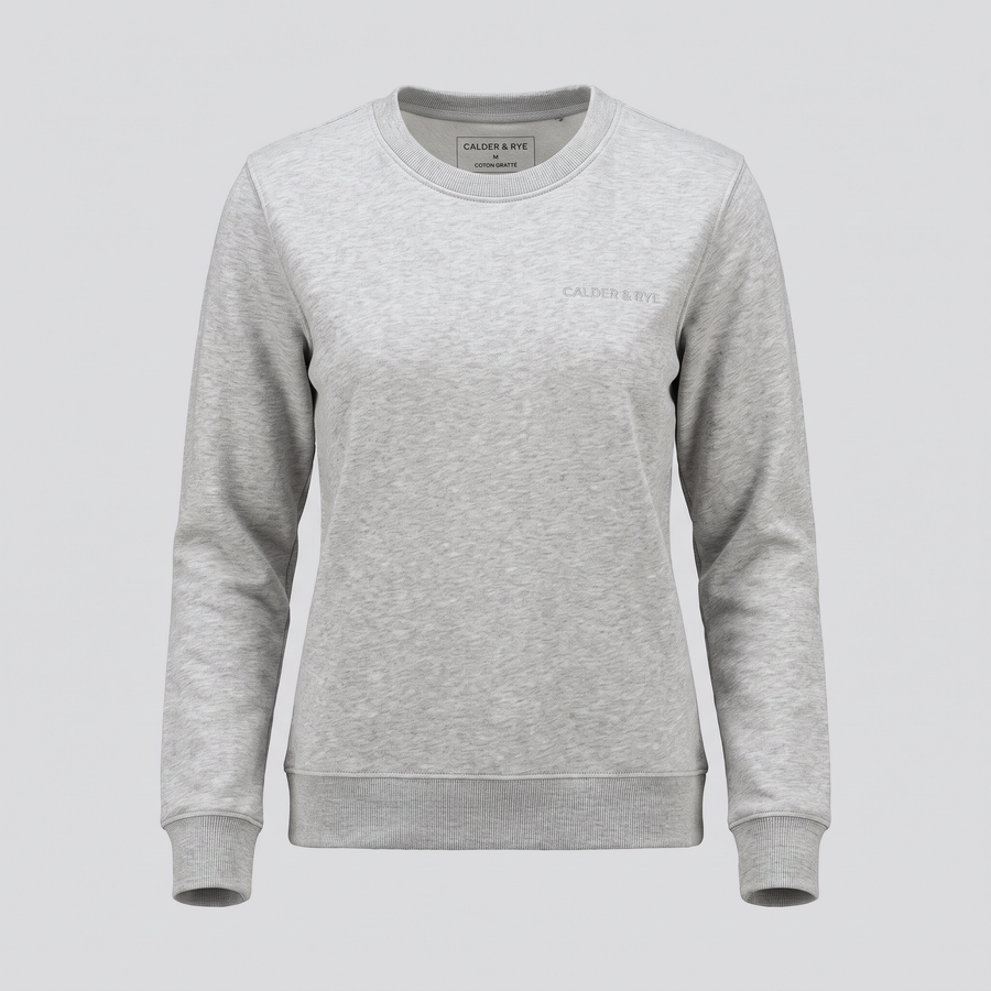 Sweat col rond en molleton gratté, gris chiné, vue de face — CALDER & RYE