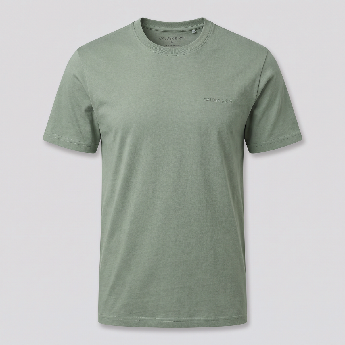 T-shirt en jersey de coton peigné, sauge, vue de face — CALDER & RYE