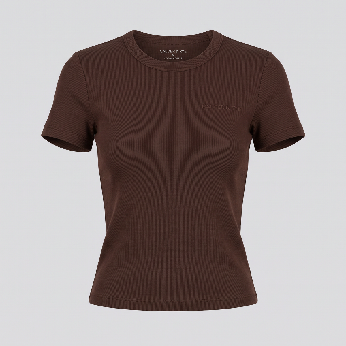 T-shirt en maille côtelée, chocolat, vue de face — CALDER & RYE